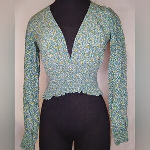 Urban Outfitters Blue Floral Smocked Blouse